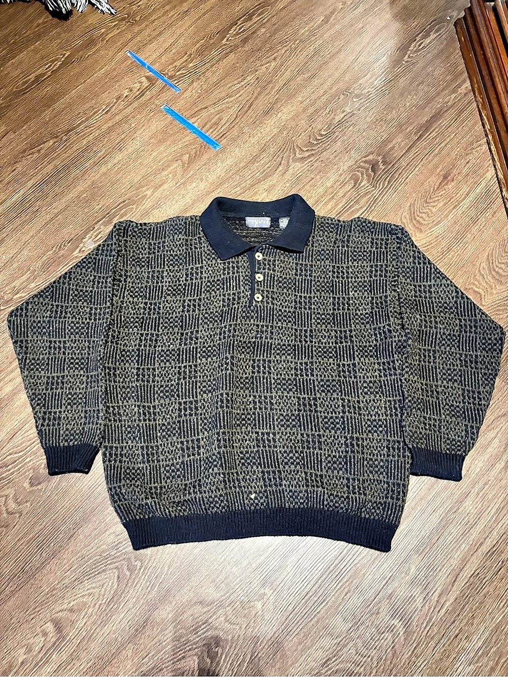PROFILO Geometric Wool Blend Polo Sweater Black & Green XL
